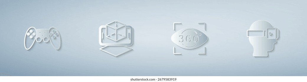 Set Gamepad, modelado 3D, vista de 360 grados y gafas de realidad virtual. Estilo de arte de papel. Vector
