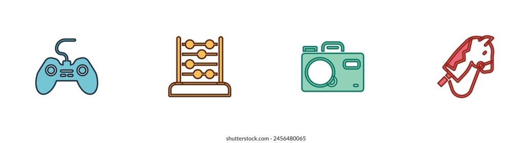 Set Gamepad, Abacus, cámara de fotos e icono de caballo de juguete. Vector