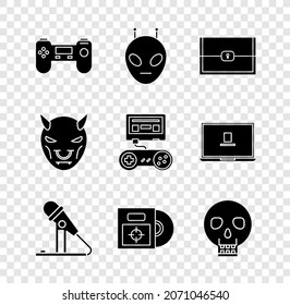 Set Gamepad, Alien, Chest for game, Microphone, CD DVD disk in box, Skull, Mask of the devil with horns and console joystick icon. Vector