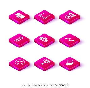Set Gamepad, Award cup, Stereo speaker, Virtual reality glasses, Head hunting concept, Share, Medal and Router and wi-fi signal icon. Vector
