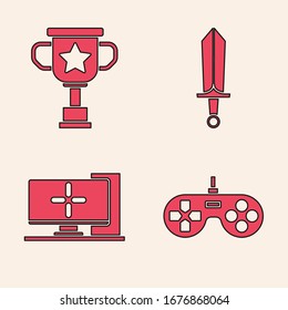 Coloque el icono Gamepad, copa de premio, espada para juego y monitor de ordenador. Vector