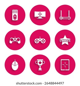 Set Gamepad, Award cup, Tablet, Star, Computer mouse gaming, Router and wi-fi signal and  icon. Vector