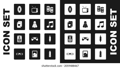Set Gamepad, Badminton shuttlecock, Playing cards, American Football ball, Music note, tone, Retro tv, Rolling pin and Stereo speaker icon. Vector