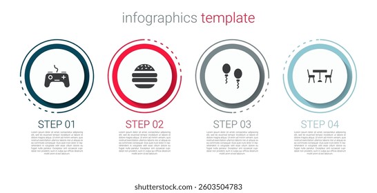 Set Gamepad, Burger, Balloons and Picnic table with chairs. Business infographic template. Vector