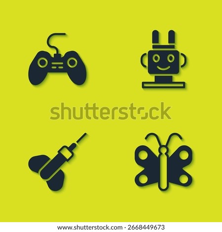 Set Gamepad, Butterfly, Dart arrow and Robot toy icon. Vector