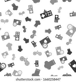 Ponga Gamepad, sombrero Chef, chip de Casino y cartas de juego y Gamepad en un patrón sin fisuras. Vector