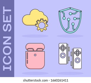 Set Gamepad, Cloud technology data transfer and storage, Air headphones in box and Cyber security icon. Vector