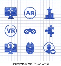 Set Gamepad, Computer mouse gaming, Premium create account screen, Piece of puzzle, Create, Virtual reality glasses, Star and monitor icon. Vector