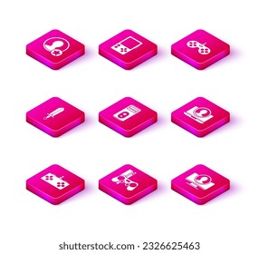 Establece Gamepad, consola con joystick, Espada para juego, Equipo, Crear pantalla de cuenta e icono de vídeo portátil. Vector