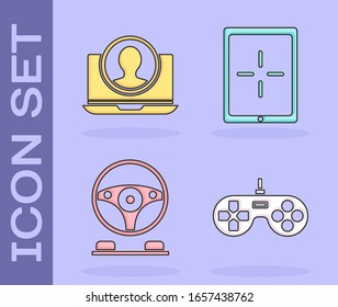 Set Gamepad, Create account screen, Racing simulator cockpit and Tablet icon. Vector