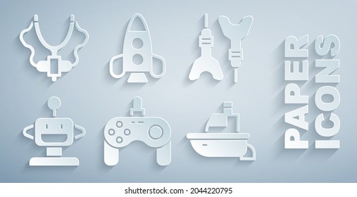 Set Gamepad, Dart arrow, Robot toy, Toy boat, Rocket ship and Slingshot icon. Vector