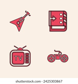 Set Gamepad, Electric bass guitar, Sound mixer controller and Retro tv icon. Vector