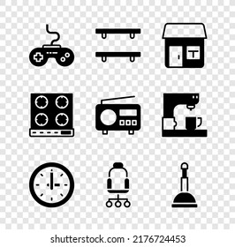 Set Gamepad, Empty wooden shelves, House, Clock, Office chair, Rubber plunger, Gas stove and Radio icon. Vector