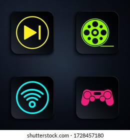 Establezca Gamepad, Fast forward, red Wi-Fi inalámbrica de Internet y el carrete de película. Botón cuadrado negro. Vector