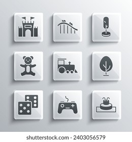 Set Gamepad, Fountain, Tree, Toy train, dice, Teddy bear plush toy, Castle and  icon. Vector