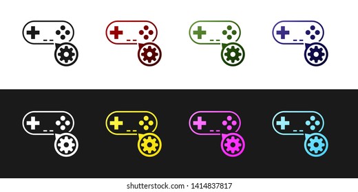 Set Gamepad and gear icon isolated on black and white background. Adjusting app, service concept, setting options, maintenance, repair, fixing. Vector Illustration