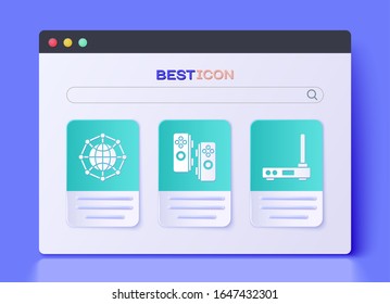 Ajuste Gamepad, tecnología global o red social e icono de señal de router y wi-fi. Vector