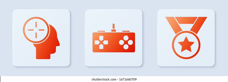 Set Gamepad, Head hunting concept and Medal. White square button. Vector