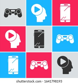 Set Gamepad, Head people with play button and Smartphone, mobile phone icon. Vector