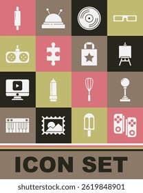 Set Gamepad, Joystick for arcade machine, Easel painting art boards, Vinyl disk, Piece of puzzle, Rolling pin and Paper shopping bag icon. Vector