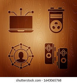 Set Gamepad, Laptop, Project team base and Video graphic card on wooden background. Vector