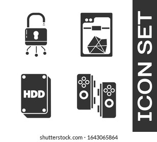 Set Gamepad, Lock on digital circuit board, Hard disk drive HDD and 3D printer icon. Vector
