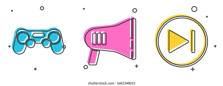Set Gamepad, Megaphone and Fast forward icon. Vector