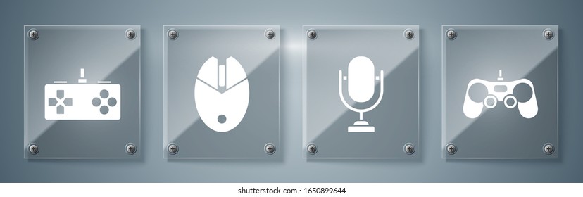 Set Gamepad, Microphone, Computer mouse gaming and Gamepad. Square glass panels. Vector