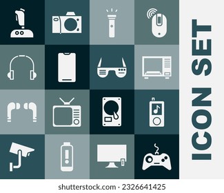 Set Gamepad, Music player, Microwave oven, Flashlight, Smartphone, mobile phone, Headphones, Joystick for arcade machine and glasses icon. Vector
