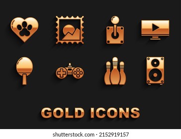 Set Gamepad, Online play video, Stereo speaker, Bowling pin, Racket for playing table tennis, Joystick arcade machine, Heart with animals footprint and Picture landscape icon. Vector