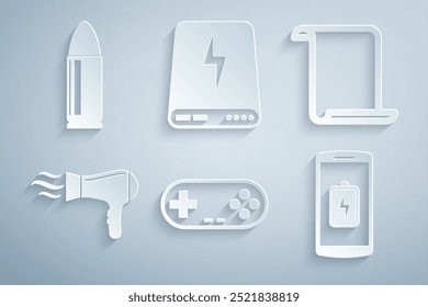 Defina Gamepad, Rolagem de papel, Secador de cabelo, Carregamento da bateria do Smartphone, Banco de energia e ícone de marcador. Vetor