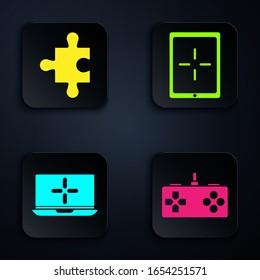 Set Gamepad, Piece of puzzle, Laptop and Tablet. Black square button. Vector