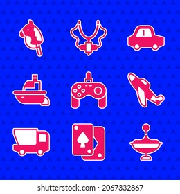Set Gamepad, Playing cards, Whirligig toy, Toy plane, truck, boat,  and horse icon. Vector