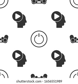 Ajuste Gamepad, botón de encendido y cabezales con botón de juego en un patrón sin problemas. Vector