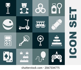 Set Gamepad, Pyramid toy, Skateboard, Fidget spinner, Roller scooter, Beach ball, Shovel and Passenger train cars icon. Vector