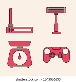 Set Gamepad , Router and wi-fi signal , Electric heater  and Scales  icon. Vector
