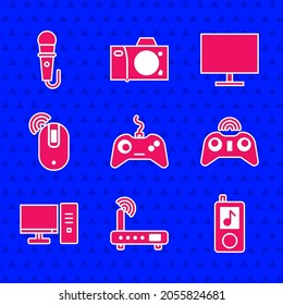 Set Gamepad, Router and wi-fi signal, Music player, Wireless gamepad, Computer monitor, computer mouse, screen and Microphone icon. Vector