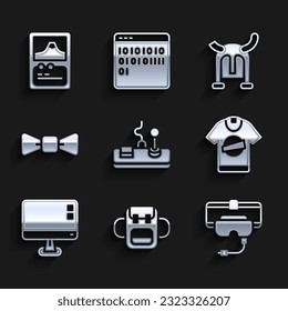 Set Gamepad, School backpack, Virtual reality glasses, T-shirt, Computer monitor screen, Bow tie, Viking in horned helmet and Card game icon. Vector