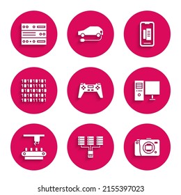Set Gamepad, Server, Data, Web Hosting, Mirrorless camera, Computer monitor, Factory conveyor system belt, Binary code, Smartphone, mobile phone and  icon. Vector