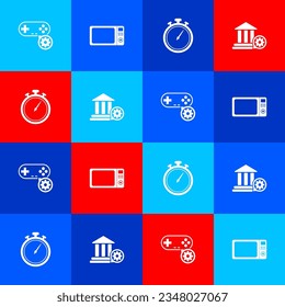 Set Gamepad setting, Microwave oven, Stopwatch and Bank building icon. Vector