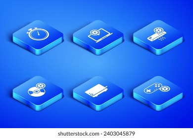 Set Gamepad setting, Stopwatch, Toaster, CD or DVD disk, Laptop and Air conditioner icon. Vector