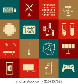 Set Gamepad, Solar energy panel, Test tube and flask, Binary code, Mirrorless camera, Processor with microcircuits CPU, Keyboard mouse and Computer network icon. Vector