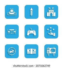 Set Gamepad, Stacks paper money cash, Amusement park billboard, Juggling ball, Hunt rabbit with crosshairs, Picnic table chairs, Castle and Fountain icon. Vector