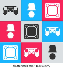 Set Gamepad , Table lamp  and Bathroom scales  icon. Vector