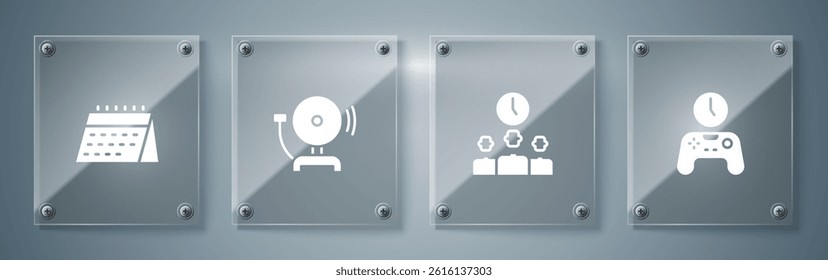Set Gamepad of time, Time Management, Ringing alarm bell and Calendar. Square glass panels. Vector