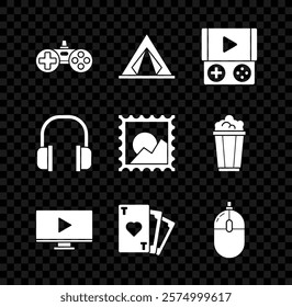 Set Gamepad, Tourist tent, Portable video game console, Online play, Playing card with heart symbol, Computer mouse, Headphones and Picture landscape icon. Vector