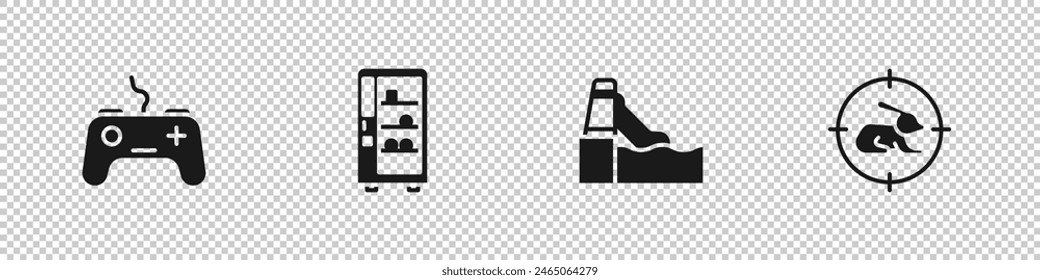 Set Gamepad, Vending machine, Water slide and Hunt on rabbit with crosshairs icon. Vector
