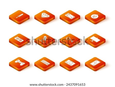 Set Gamepad, Video game console, graphic card, Microphone, Ancient key for, Playing with diamonds and Computer monitor icon. Vector