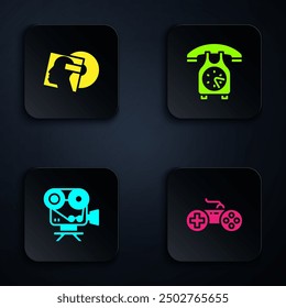 Set Gamepad, Vinyl disk, Retro cinema camera and Telephone handset. Black square button. Vector