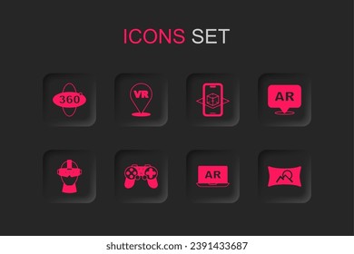 Set Gamepad, Virtuelle Realität, 360 Grad Ansicht, Augmented AR, Weitwinkelbild, 3D-Modellierung und Brillen-Symbol. Vektorgrafik